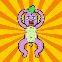 Size: 600x600 | Tagged: safe, artist:テンガミ さん, spike, dragon, belly button, drool, fangs, lips, male, open mouth, pose, smiling, solo, sunburst background, uvula, wat, wide eyes