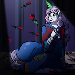 Size: 2048x2048 | Tagged: safe, artist:moonwhisperderpy, artist:percy-mcmurphy, derpibooru import, sweetie belle, anthro, unicorn, clothes, crying, dress, female, flower, glowing horn, magic, rose, solo, telekinesis