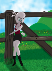 Size: 1100x1491 | Tagged: safe, artist:timanttikoira, derpibooru import, pom lamb, anthro, unguligrade anthro, them's fightin' herds, boots, breasts, clothes, cloud, community related, cute, female, fence, grass, looking down, miniskirt, shoes, skirt, sky, smiling, solo