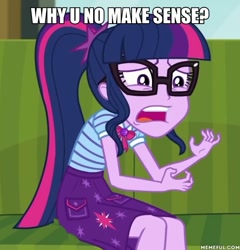 Size: 600x624 | Tagged: safe, derpibooru import, edit, edited screencap, screencap, sci-twi, twilight sparkle, better together, equestria girls, text support, cropped, geode of telekinesis, image macro, magical geodes, meme, solo