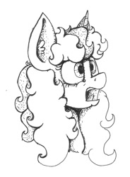 Size: 766x1043 | Tagged: safe, artist:paskanaakka, derpibooru exclusive, derpibooru import, oc, oc only, oc:midnight dew, pony, unicorn, black and white, bust, ear fluff, female, grayscale, mare, monochrome, portrait, shocked, solo, traditional art