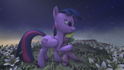 Size: 2000x1125 | Tagged: safe, artist:ghost3641, spike, twilight sparkle, twilight sparkle (alicorn), alicorn, dragon, pony, 3d, flower, hug, source filmmaker, stars, twilight (astronomy)