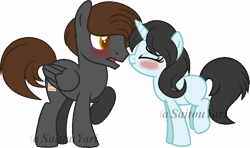 Size: 800x475 | Tagged: safe, artist:t-aroutachiikun, oc, oc only, oc:carbon gem, oc:gunpowder flare, earth pony, pegasus, pony, base used, blushing, female, male, mare, nuzzling, oc x oc, raised hoof, shipping, simple background, stallion, transparent background