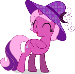 Size: 6971x6824 | Tagged: safe, artist:illumnious, oc, oc only, oc:flares midnight, pony, unicorn, absurd resolution, cutie mark, eyes closed, female, hat, mare, open mouth, polka dots, raised hoof, simple background, solo, transparent background, vector