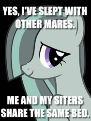 Size: 750x1000 | Tagged: safe, marble pie, earth pony, pony, black background, female, gray coat, image macro, innocent, mare, meme, misspelling, naive, painfully innocent marble, paraprosdokian, purple eyes, raised hoof, raised leg, simple background, smiling, solo, text, two toned mane