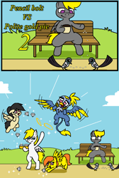 Size: 848x1264 | Tagged: safe, artist:pencil bolt, derpibooru import, oc, oc:airstone, oc:chengila, oc:orange terra, oc:pencil bolt, oc:polite gold pie, bird, griffon, pegasus, pony, bench, diamond