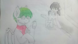 Size: 960x540 | Tagged: safe, artist:skipper arias, derpibooru import, oc, oc:silver sanction, oc:skipper dust, bat pony, bat pony oc, green eyes, original character do not steal, sketch, traditional art, wat, white