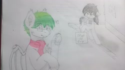 Size: 3840x2160 | Tagged: safe, artist:skipper arias, derpibooru import, oc, oc:silver sanction, oc:skipper dust, bat pony, bat pony oc, green eyes, original character do not steal, sketch, traditional art, wat, white