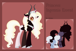 Size: 1024x689 | Tagged: safe, artist:chaserofthelight99, derpibooru import, oc, oc only, oc:ingenia essent, hybrid, base used, cloven hooves, female, horns, interspecies offspring, multiple limbs, offspring, parent:lord tirek, parent:princess celestia, parents:celestirek, reference sheet, size chart, size comparison, solo