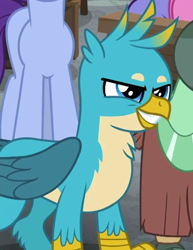 Size: 466x604 | Tagged: safe, derpibooru import, screencap, gallus, november rain, yona, griffon, a rockhoof and a hard place, beak, cropped, cute, evil grin, friendship student, gallabetes, grin, male, smiling, solo focus, wings