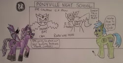 Size: 1986x1032 | Tagged: safe, artist:rapidsnap, derpibooru import, oc, oc only, oc:amethyst shade, oc:rapidsnap, bat pony, angry, chest fluff, clock, graffiti, night school, school, traditional art, whiteboard