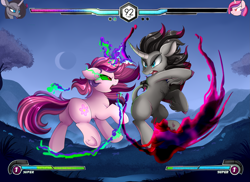 Size: 3395x2472 | Tagged: safe, artist:pridark, derpibooru import, fhtng th§ ¿nsp§kbl, oleander, oc, classical unicorn, pony, unicorn, them's fightin' herds, cloven hooves, commission, crescent moon, crossover, curved horn, female, fight, health bars, leonine tail, mare, moon, open mouth, rearing, sombra eyes, tree, unshorn fetlocks, video game