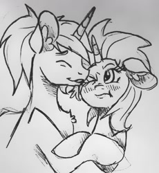 Size: 1071x1162 | Tagged: safe, artist:smirk, derpibooru import, oc, oc only, oc:artillery fire, oc:coppercore, blushing, couple, female, hug, male, monochrome, nuzzling, oc x oc, shipping, straight, traditional art