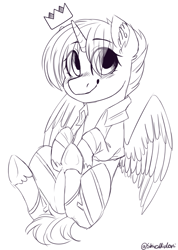 Size: 1555x2186 | Tagged: safe, artist:shiromidorii, alicorn, pony, clothes, crown, jewelry, male, monochrome, regalia, solo, stallion