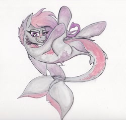 Size: 1781x1701 | Tagged: safe, artist:scribblepwn3, oc, oc only, oc:coral, original species, shark, shark pony, commission, pen drawing, solo, traditional art, watercolor painting