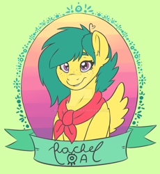 Size: 1024x1114 | Tagged: safe, artist:rachelloal, oc, oc only, oc:emmycloud, pegasus, pony, bandana, cute, logo, looking at you, solo