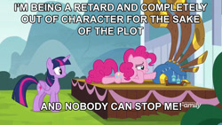 Size: 1080x610 | Tagged: safe, derpibooru import, edit, edited screencap, screencap, pinkie pie, twilight sparkle, twilight sparkle (alicorn), alicorn, earth pony, pony, yakity-sax, abuse, drama, duo, duo female, female, image macro, mare, meme, op is a cuck, op is trying to start shit, pinkie drama, pinkiebuse, vulgar