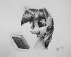 Size: 1500x1200 | Tagged: safe, artist:lollipony, derpibooru import, twilight sparkle, pony, book, bust, female, magic, mare, portrait, smiling, solo, traditional art