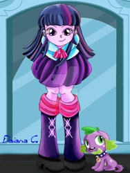 Size: 774x1032 | Tagged: safe, artist:8lunabianca8, spike, twilight sparkle, dog, equestria girls, spike the dog