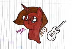 Size: 2644x1800 | Tagged: safe, derpibooru import, oc, oc only, oc:nerdy, unicorn, brown fur, glasses, guitar, lined paper, looking to the left, male, signature, solo, stallion, traditional art