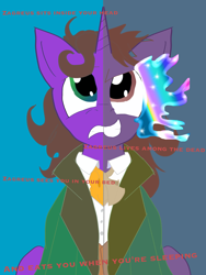 Size: 1536x2048 | Tagged: safe, artist:sixes&sevens, derpibooru exclusive, derpibooru import, pony, unicorn, cravat, doctor who, eighth doctor, mind control, ponified, split screen, two sided posters, zagreus