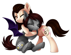 Size: 1600x1236 | Tagged: safe, artist:centchi, derpibooru import, oc, oc only, oc:penelope, oc:pixie prancer, bat pony, earth pony, pony, female, hug, mare, simple background, transparent background, watermark