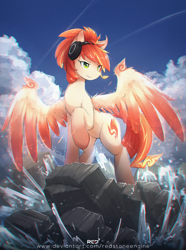 Size: 3500x4700 | Tagged: safe, artist:redstoneengine, derpibooru import, oc, oc:tomyum, pegasus, pony, chromatic aberration, daytime, female, headphones, mare, ocean, raised hoof, rock, solo, water