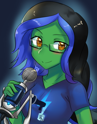 Size: 600x764 | Tagged: safe, artist:tzc, derpibooru import, oc, oc only, oc:thunderspeak, equestria girls, clothes, commission, equestria girls-ified, female, glasses, microphone, shirt, smiling, solo