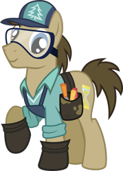 Size: 711x994 | Tagged: safe, artist:pacificgreen, doctor whooves, douglas spruce, evergreen, pony, cap, clothes swap, goggles, hat, hoof shoes, safety goggles, simple background, solo, toolbelt, transparent background, vector, voice actor joke