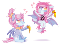 Size: 6709x4776 | Tagged: safe, artist:sorasku, oc, oc only, oc:juna, oc:sweets, bat pony, pegasus, pony, absurd resolution, dexterous hooves, drunk, female, food, hoof hold, mare, pizza, simple background, transparent background