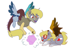 Size: 3888x2776 | Tagged: safe, artist:cubbybatdoodles, derpibooru import, oc, oc only, oc:ding-dong, oc:twister, hybrid, duo, interspecies offspring, offspring, parent:derpy hooves, parent:discord, parent:ditzy doo, parents:derpcord, siblings, simple background, transparent background