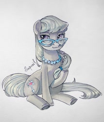 Size: 1097x1280 | Tagged: safe, artist:sapraitlond, silver spoon, earth pony, pony, female, glasses, jewelry, mare, necklace, pearl necklace, raised hoof, sitting, solo, traditional art, underhoof
