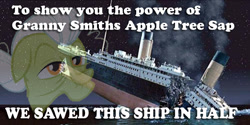 Size: 670x335 | Tagged: safe, artist:thetomness, derpibooru import, granny smith, apple tree sap, context is for the weak, flex tape, image macro, meme, phil swift, titanic