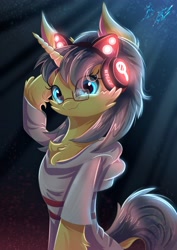 Size: 2435x3444 | Tagged: safe, artist:alexbluebird, derpibooru import, oc, oc only, cat, hybrid, pony, art trade, cat ears, clothes, cute, female, glasses, headphones, smiling, solo, tongue out