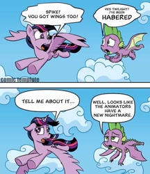 Size: 720x832 | Tagged: safe, artist:pony-berserker edits, derpibooru import, edit, spike, twilight sparkle, twilight sparkle (alicorn), alicorn, dragon, pony, molt down, cloud, comic, flying, twilight and spike's wings meme, winged spike, wings