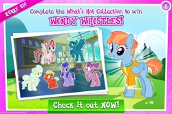 Size: 1156x764 | Tagged: safe, derpibooru import, angel wings, hyacinth dawn, short fuse, sky stinger, vapor trail, windy whistles, advertisement, collection, determined trainee, female, game, game screencap, gameloft, loosey-goosey, male, official, wonderbolts