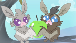 Size: 1280x720 | Tagged: safe, derpibooru import, screencap, bat, vampire fruit bat, bats!, apple, cute, duo, food, stop the bats, tree