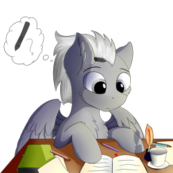 Size: 2500x2500 | Tagged: safe, artist:lunar froxy, derpibooru import, oc, oc only, oc:silver dash, book, commission, confused, inkwell, pencil, quill, simple background, solo, table, transparent background