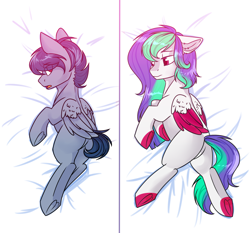 Size: 1250x1166 | Tagged: safe, artist:cloud-fly, derpibooru import, oc, oc only, oc:flower lullaby, oc:thunderblood monarch, pegasus, pony, body pillow, body pillow design, butt, female, male, mare, plot, prone, stallion, two toned wings, waifu pillow