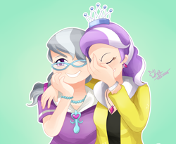 Size: 2200x1800 | Tagged: safe, artist:pika-chany, diamond tiara, silver spoon, human, clothes, duo, eyes closed, humanized, jewelry, laughing, laughinggirls.jpg, laughingmares.jpg, meme, simple background, smiling, tiara