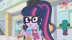Size: 1136x638 | Tagged: safe, screencap, captain planet, cold forecast, sci-twi, twilight sparkle, equestria girls, mirror magic, spoiler:eqg specials, background human, bowtie, burger, canterlot mall, food, geode of telekinesis, glasses, hamburger, magical geodes, ponytail, soda, teletoon, worried