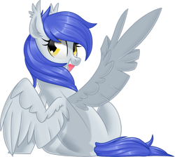 Size: 1024x918 | Tagged: safe, artist:kellythedrawinguni, oc, oc only, oc:gabriel, pegasus, pony, 2018 community collab, commission, derpibooru community collaboration, female, looking back, mare, one wing out, rear view, simple background, sitting, smiling, solo, transparent background