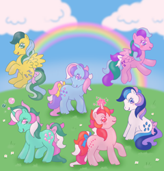 Size: 1920x2000 | Tagged: safe, artist:donkeyinthemiddle, derpibooru import, fizzy, galaxy (g1), gingerbread, masquerade (g1), sweet stuff, whizzer, twinkle eyed pony, g1, bubble, cute, fizzybetes, galaxydorable, gingerbetes, magic, masqueradorable, rainbow, sweet sweet stuff, whizzabetes