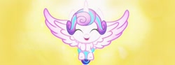 Size: 700x259 | Tagged: safe, derpibooru import, screencap, princess flurry heart, the crystalling, backlighting, cooing, cute, dawwww, diaper, eyes closed, flurrybetes, glow, happy, large wings, open mouth, solo, spread wings, wings