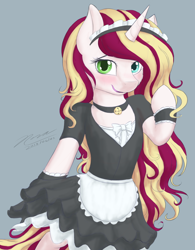 Size: 1024x1316 | Tagged: safe, artist:novaintellus, derpibooru import, oc, oc only, oc:vanilla reddagger, semi-anthro, unicorn, bell, bell collar, bipedal, blushing, clothes, collar, commission, cute, digital art, dress, female, maid, mare, smiling, solo