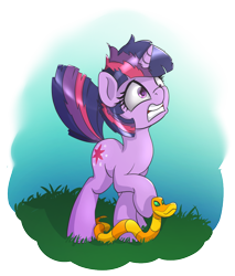 Size: 850x1000 | Tagged: safe, artist:klemm, derpibooru import, twilight sparkle, unicorn twilight, pony, snake, unicorn, female, mare, newbie artist training grounds, ophidiophobia, scared, simple background, transparent background