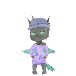 Size: 2000x2000 | Tagged: safe, artist:jodi sli, maud pie, oc, changeling, semi-anthro, angry, changeling oc, chibi, clothes, hat, looking at you, shade, simple background, solo, sweater, white background