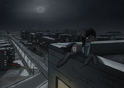 Size: 3800x2700 | Tagged: safe, artist:sinniepony, oc, oc only, oc:sinnie, black mane, blue eyes, city, clothes, darkness, moonlight, night, russian, scarf, snow, solo, stalliongrad, winter