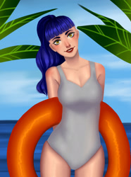 Size: 1728x2319 | Tagged: safe, artist:pshe, derpibooru import, oc, oc:fruity blossom, human, clothes, female, humanized, inflatable, sky, solo, swimsuit, water