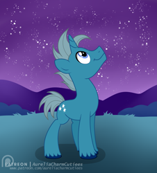 Size: 1795x1988 | Tagged: safe, artist:raspberrystudios, derpibooru import, oc, oc only, oc:nightfall gloam, unicorn, grin, male, night, patreon, patreon logo, smiling, solo, stallion, stargazing